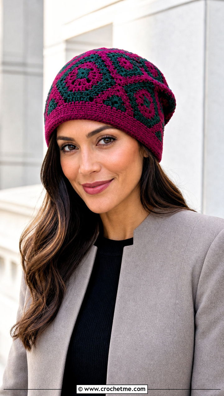 Mosaic Slouch Crochet Beanie With Minimalist Coat - 30 slouch crochet beanie outfit ideas