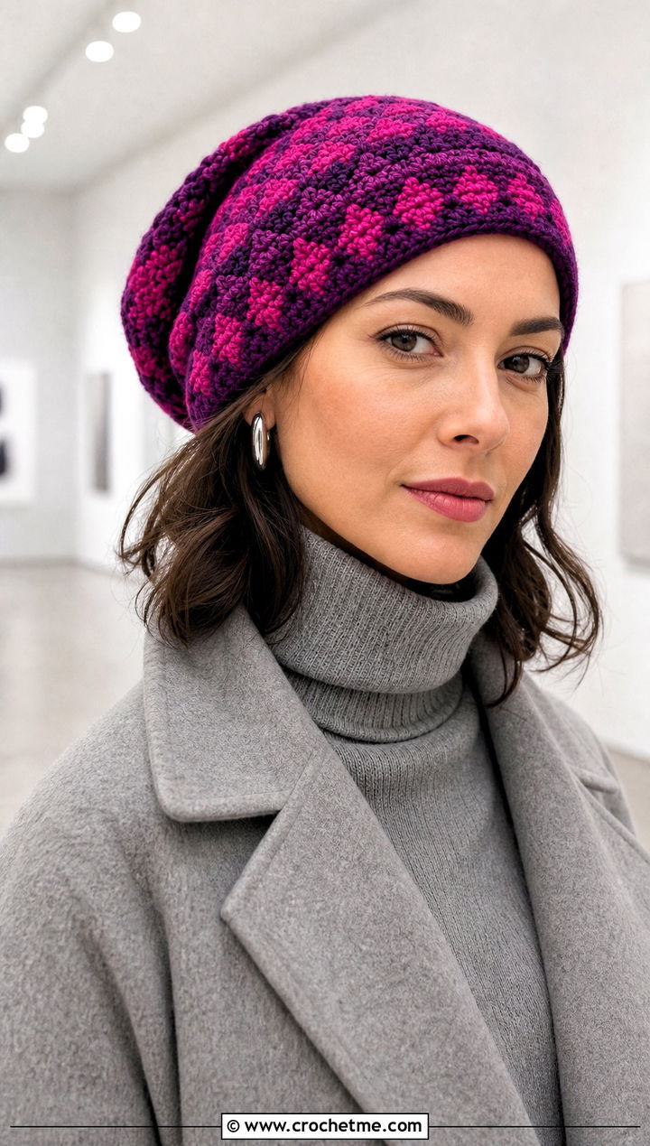 Mosaic Slouch Crochet Hat With Monochrome Outfit - 30 slouch crochet hat outfit ideas