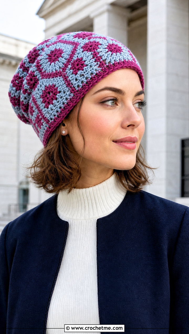 Mosaic Slouchy Crochet Beanie With Minimalist Separates - 25 Easy Slouchy Crochet Beanie outfit ideas