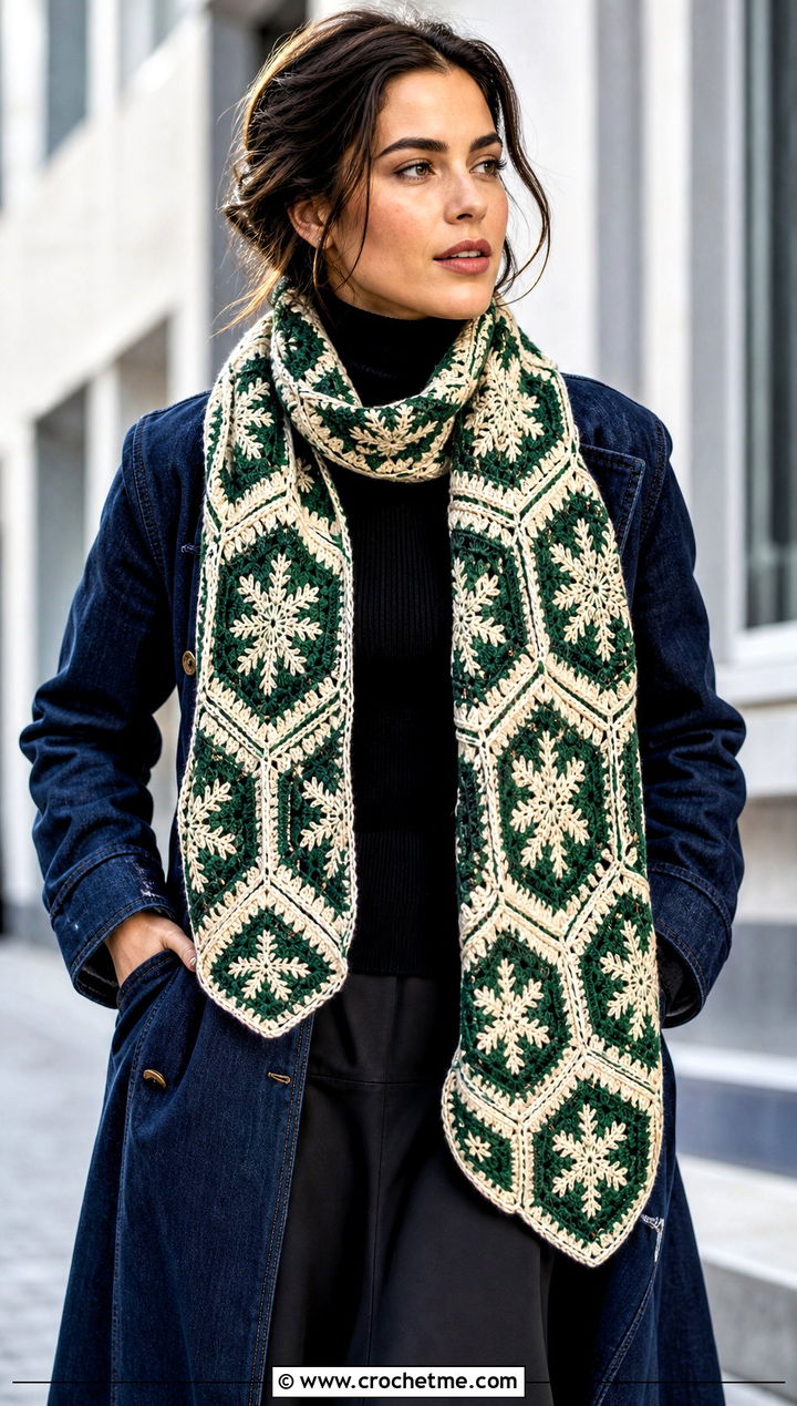 Mosaic Snowflake Crochet Scarf With Denim Coat - 25 Snowflake Crochet Scarf outfit ideas