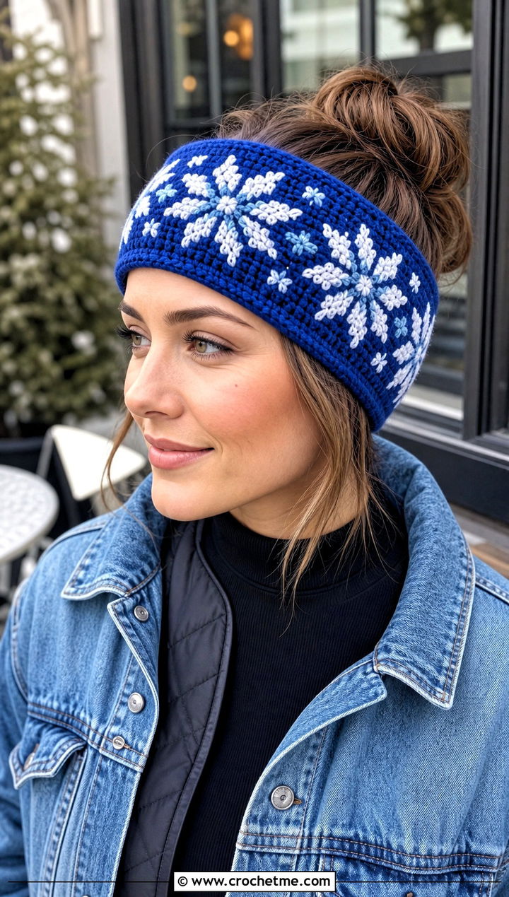 Mosaic Snowflake Ear Warmer With Denim Jacket - 20 Crochet Snowflake Headband outfit ideas