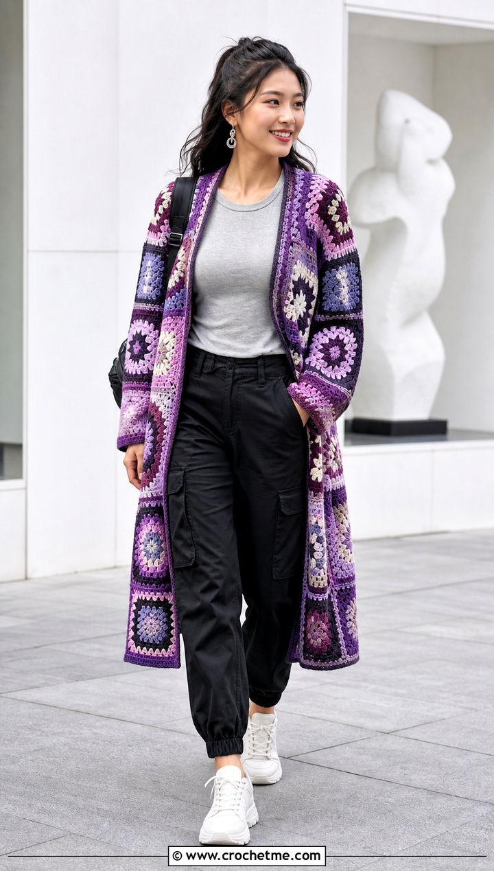 Mosaic Sofa Crochet Sweater With Cargo Pants - 15 sofa crochet sweater outfit ideas