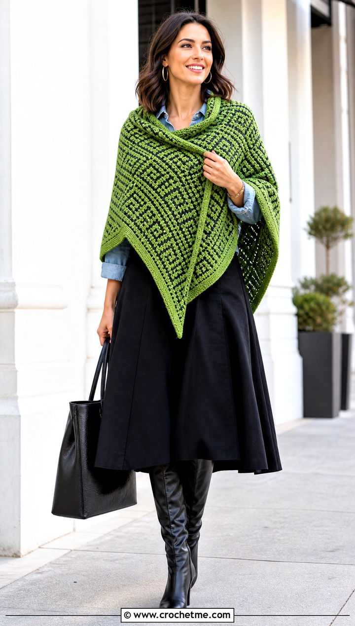 Mosaic Square Crochet Shawl With Denim Shirt And Black Skirt - 25 Square Crochet Shawl outfit ideas