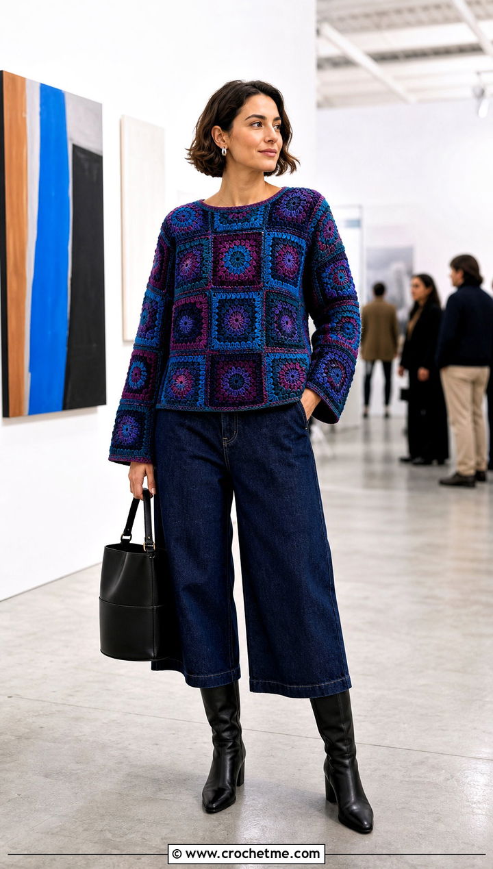 Mosaic Square Jumper With Dark Denim Culottes - 30 crochet square jumper outfit ideas