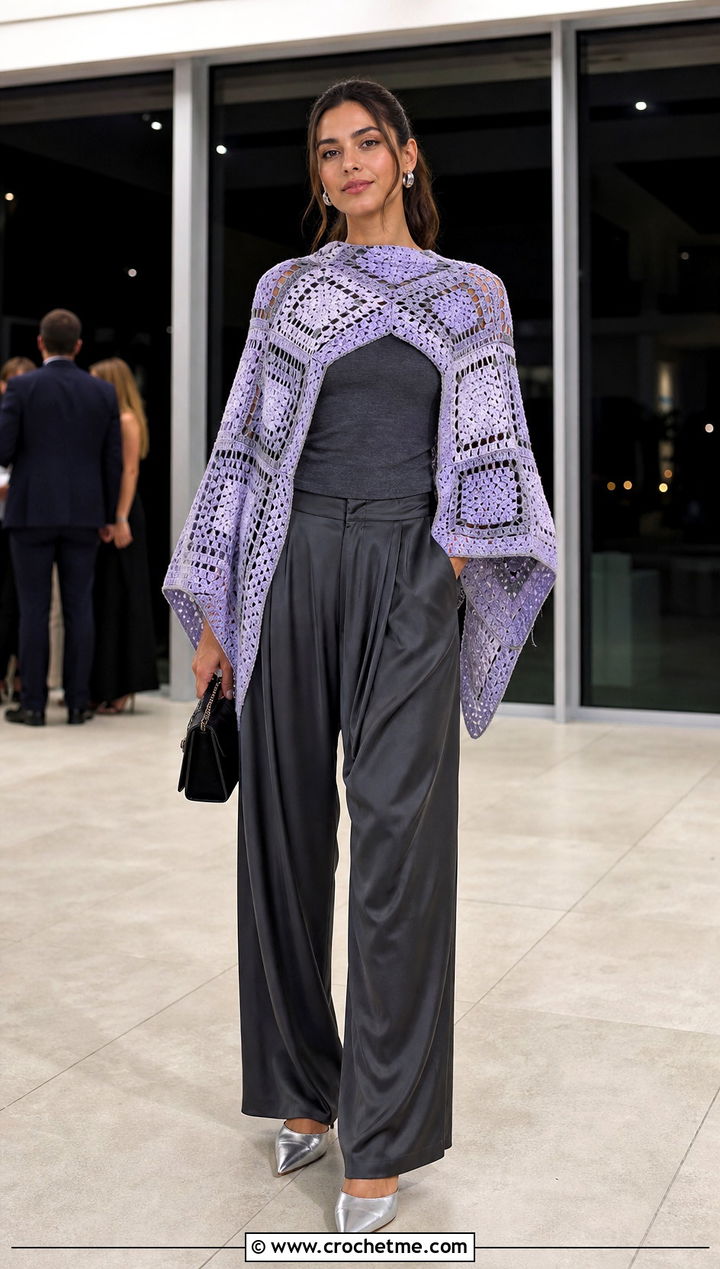 Mosaic Square Poncho With Satin Pants - 30 crochet square poncho outfit ideas