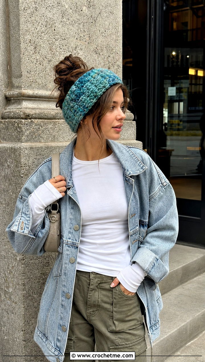Mosaic Star Stitch Ear Warmer With Denim Jacket And Cargo Pants - 15 Crochet Star Stitch Ear Warmer outfit ideas