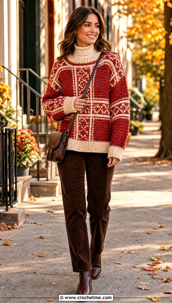Mosaic Stitch Blanket Sweater With Corduroy Pants - 30 crochet blanket sweater outfit ideas