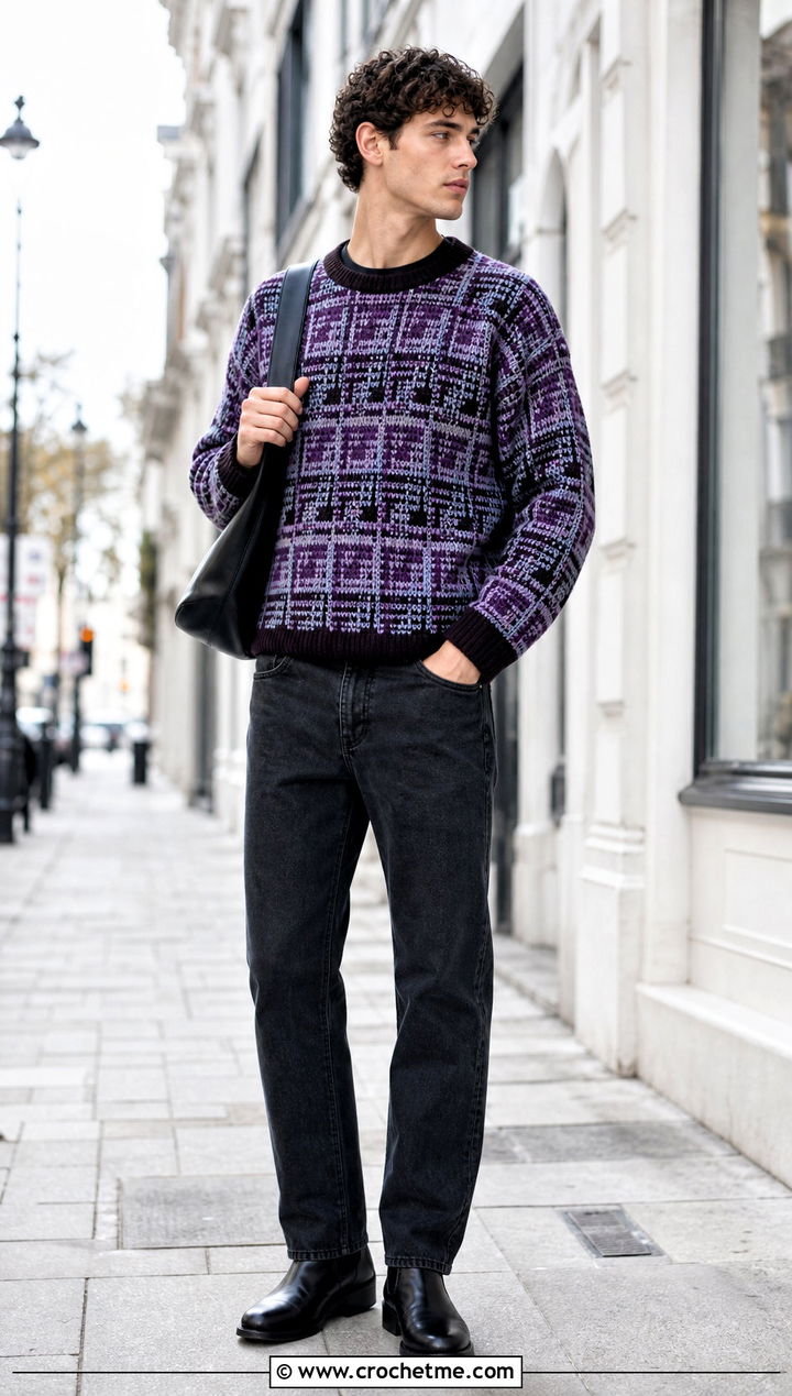 Mosaic Stitch Crochet Sweater With Black Jeans - 35 men's crochet sweater ideas