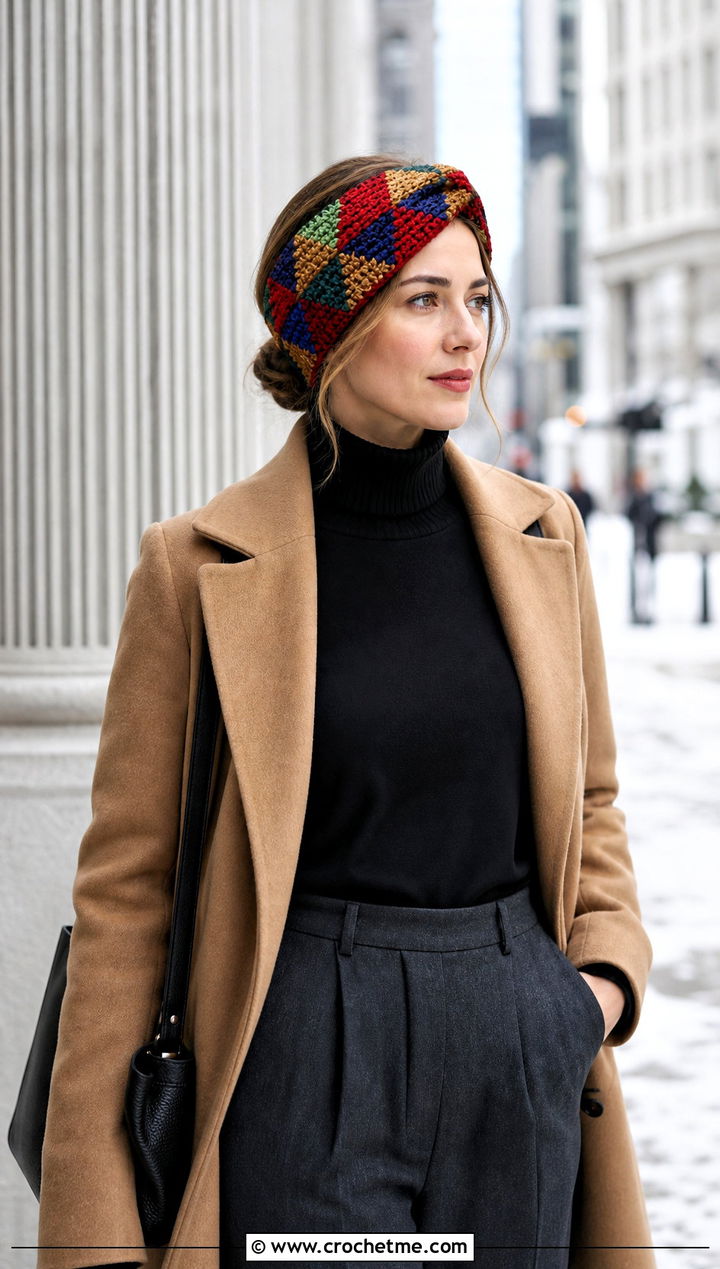Mosaic Stitch Triangle Headband With Long Coat And Turtleneck - 30 crochet triangle headband outfit ideas