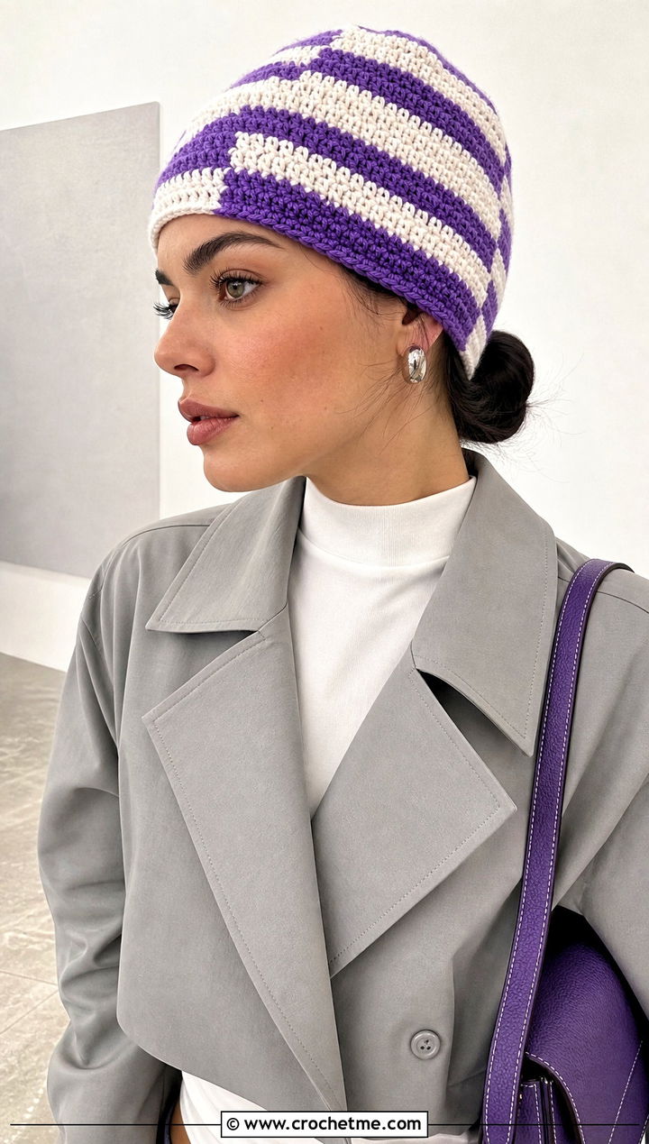 Mosaic Striped Crochet Beanie With Minimalist Trench Outfit - 15 Crochet Striped Beanies outfit ideas