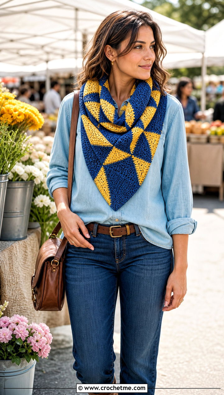 Mosaic Triangle Cowl With Denim Shirt - 30 crochet triangle cowl outfit ideas
