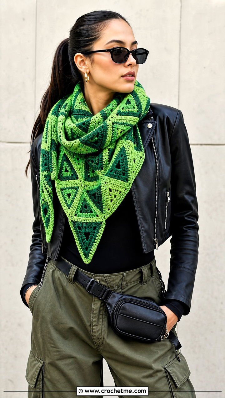 Mosaic Triangle Crochet Scarf With Leather Jacket And Cargo Pants - 15 One Skein Triangle Crochet Scarf outfit ideas