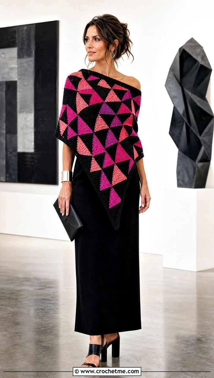 Mosaic Triangle Crochet Shawl With Black Column Dress - 25 triangle crochet shawls outfit ideas