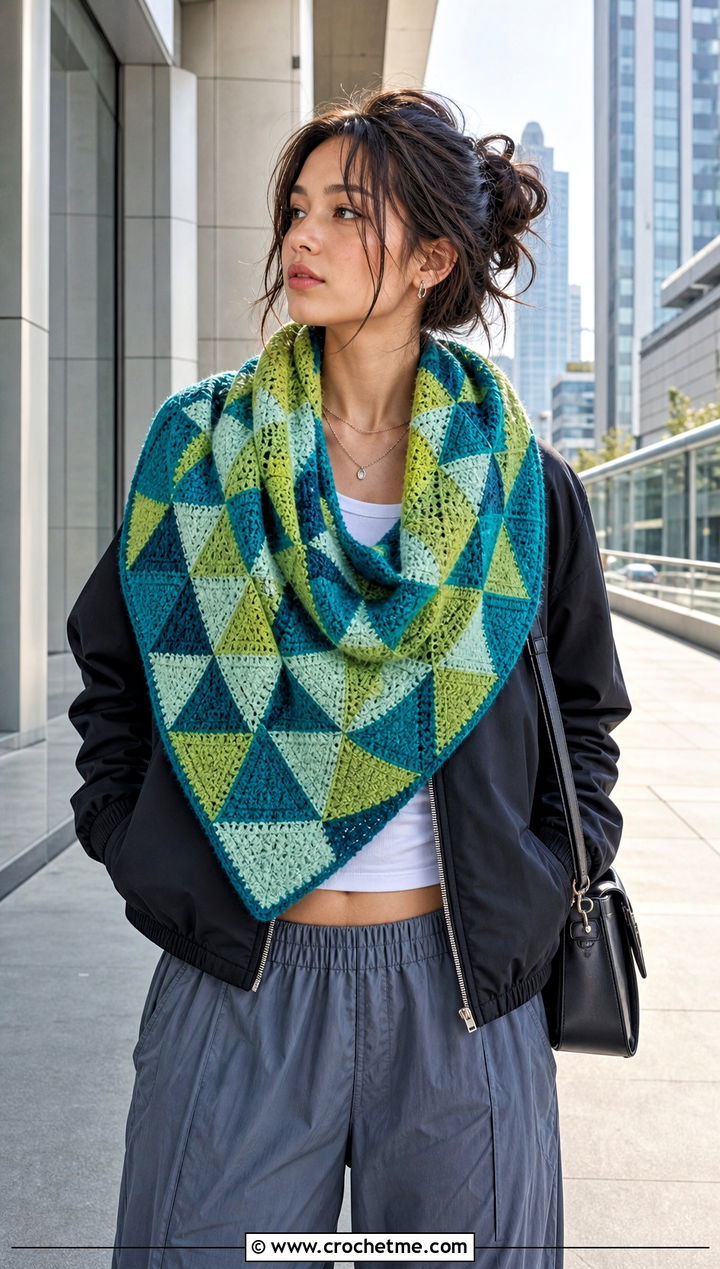 Mosaic Triangle Crochet Shawl With Bomber Jacket And Parachute Pants - 35 triangle crochet shawl outfit ideas