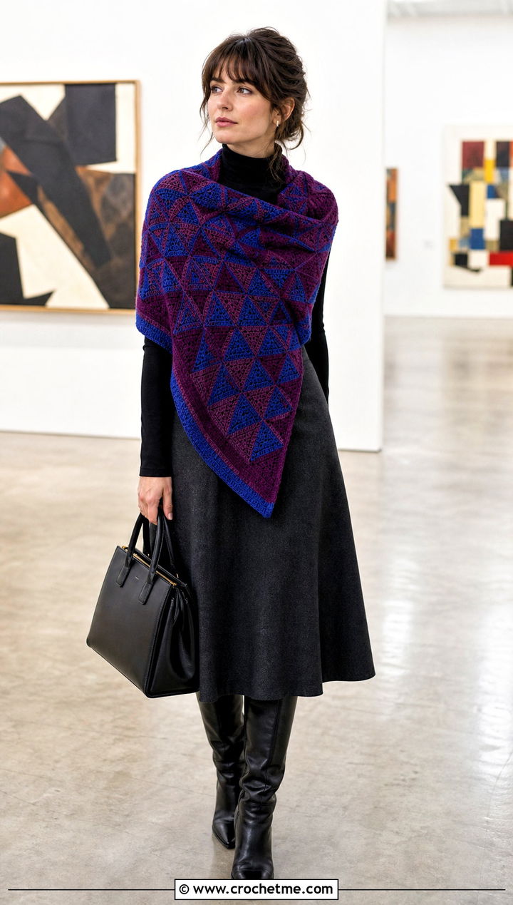 Mosaic Triangle Crochet Shawl With Turtleneck And Midi Skirt - 30 easy triangle crochet shawl outfit ideas