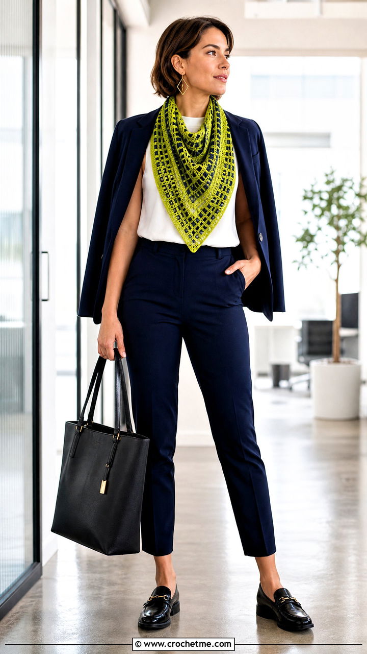 Mosaic Triangle Shawl With Trouser Suit - 35 crochet triangle shawl outfit ideas