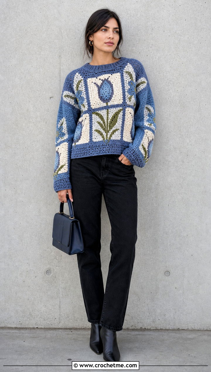 Mosaic Tulip Crochet Sweater With Black Jeans - 25 Tulip Crochet Sweater outfit ideas