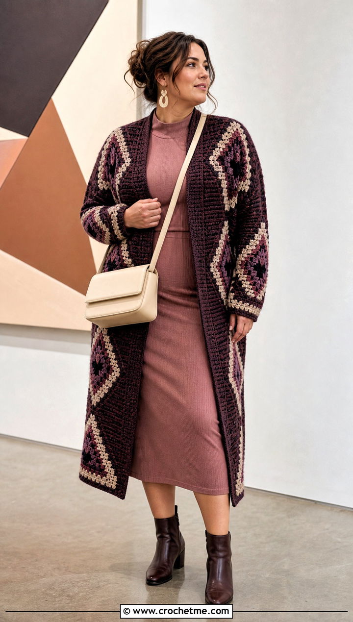 Mosaic Tunisian Cardigan With Column Midi Dress - 20 Crochet Tunisian Cardigan outfit ideas