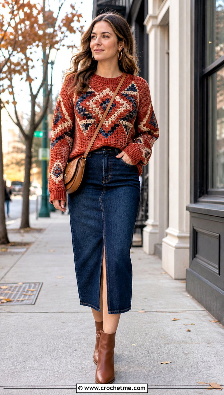 Mosaic Tunisian Crochet Jumper With Denim Midi Skirt - 30 tunisian crochet jumper outfit ideas