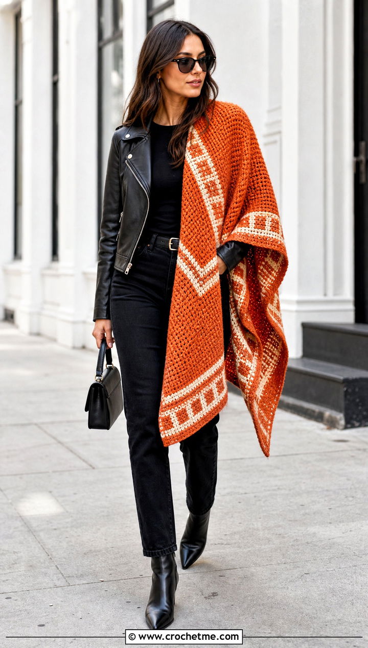 Mosaic Tunisian Crochet Wrap With Leather Jacket And Black Jeans - 25 Tunisian Crochet Wrap outfit ideas