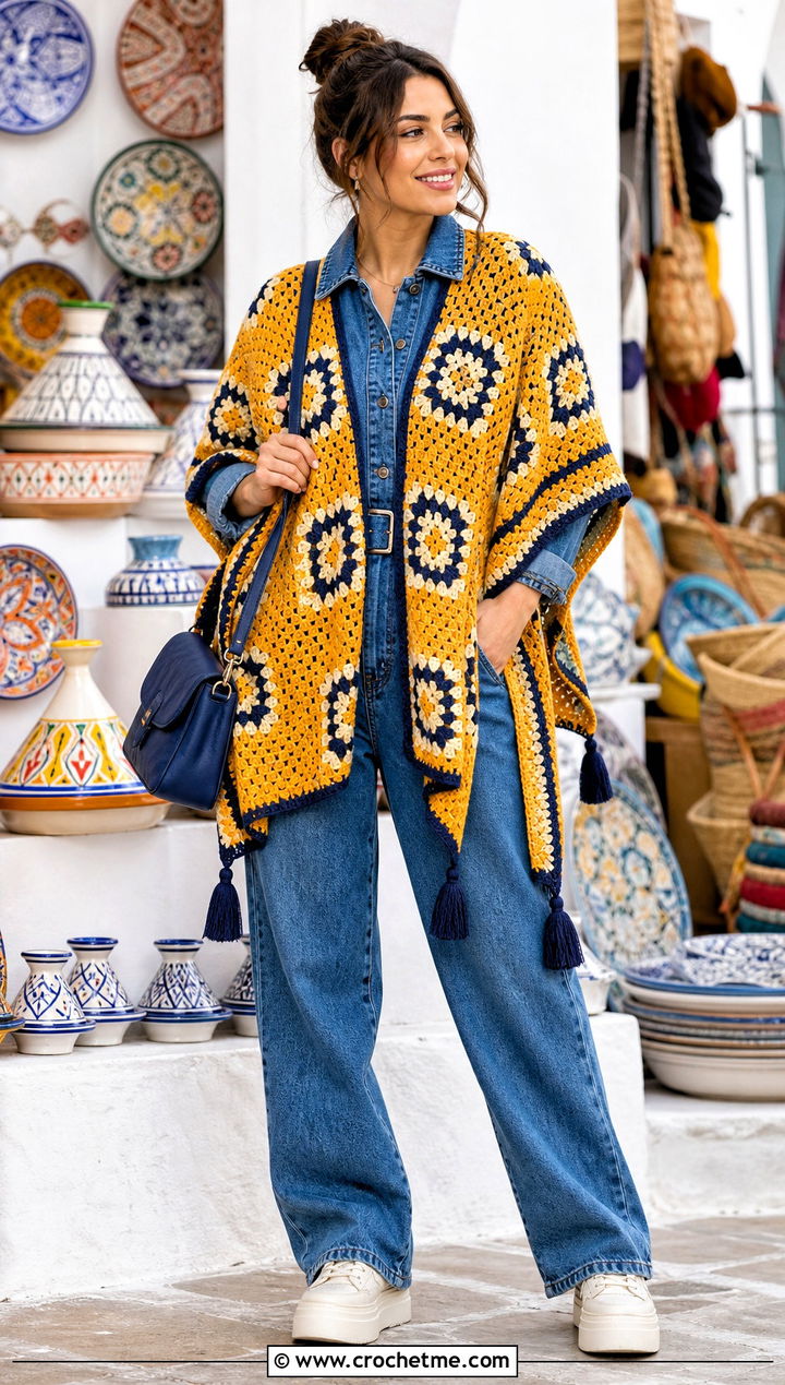 Mosaic Tunisian Poncho With A Denim Jumpsuit - 30 tunisian crochet poncho outfit ideas