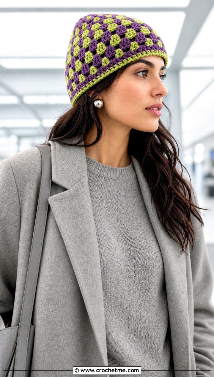 Mosaic Two Tone Crochet Beanie With Knit Set - 15 two tone crochet beanie outfit ideas