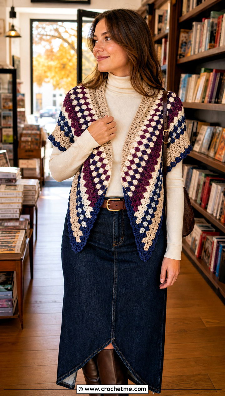 Mosaic V Shaped Crochet Shawl With Denim Maxi Skirt - 15 V Shaped Crochet Shawl outfit ideas