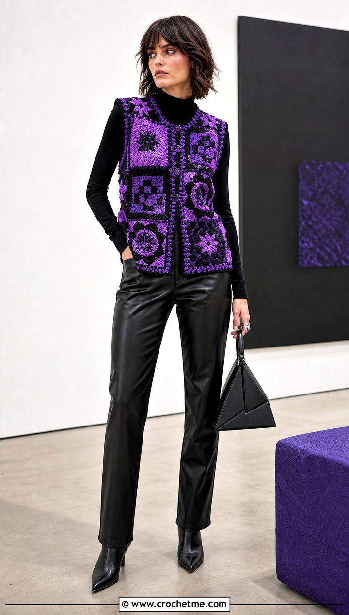 Mosaic Wednesday Crochet Vest With Leather Pants - 30 wednesday crochet vest outfit ideas