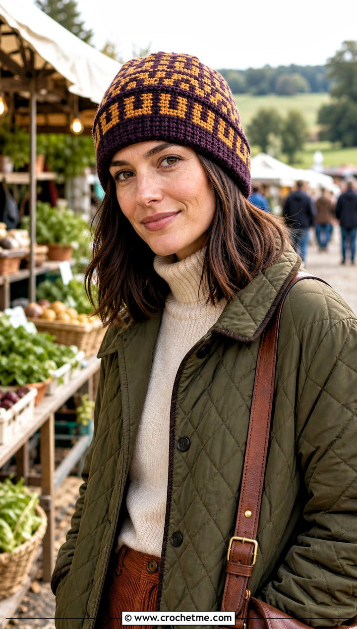 Mosaic Worsted Crochet Beanie With Quilted Jacket And Corduroy Pants - 15 Worsted Crochet Beanie outfit ideas