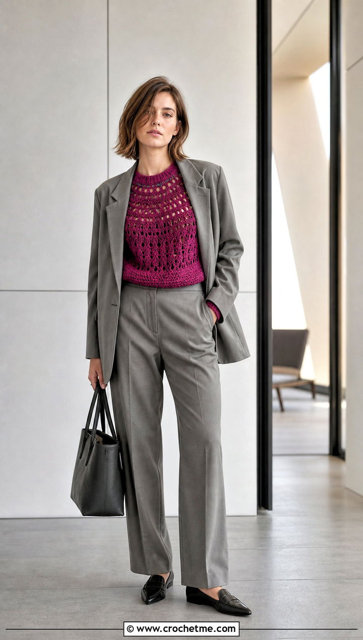 Mosaic Yoke Crochet Sweater With Monochrome Suit - 25 Yoke Down Crochet Sweater outfit ideas