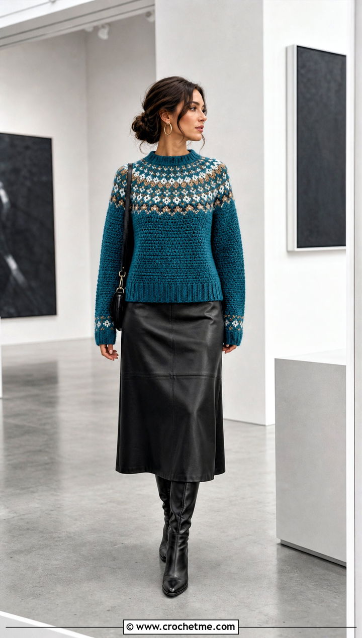 Mosaic Yoke Nordic Crochet Sweater With Leather Midi Skirt - 25 nordic crochet sweater outfit ideas