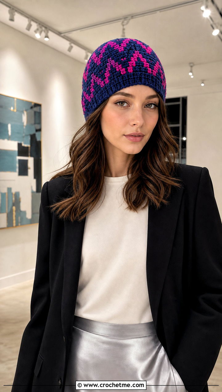 Mosaic Zig Zag Crochet Beanie With Blazer And Satin Skirt - 15 Zig Zag Crochet Hat outfit ideas