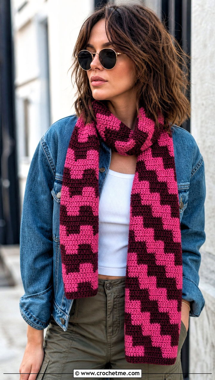 Mosaic Zig Zag Crochet Scarf With Cargo Pants - 25 Zig Zag Crochet Scarf outfit ideas