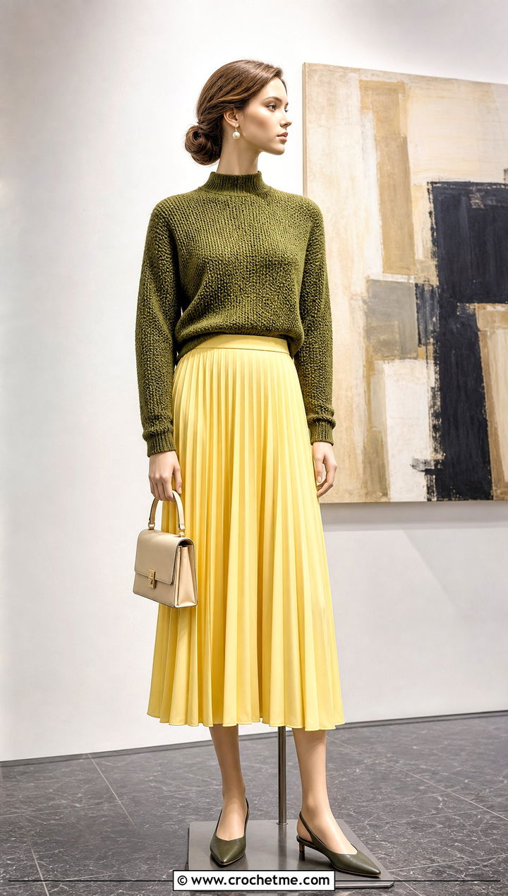 Moss Green Mock Neck Crochet Sweater With Pleated Skirt - 15 Green Crochet Sweater On Mannequin outfit ideas