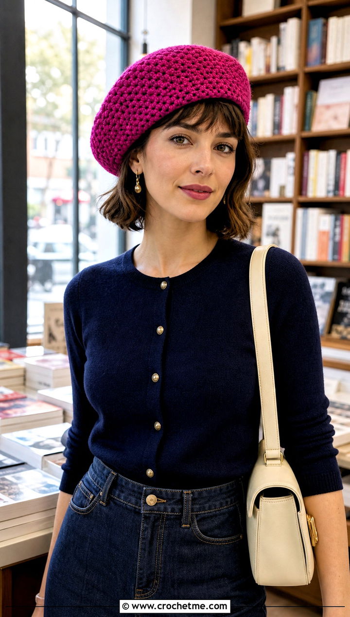 Moss Stitch Beret With Cardigan and Midi Skirt - 25 Crochet Moss Stitch Hat outfit ideas
