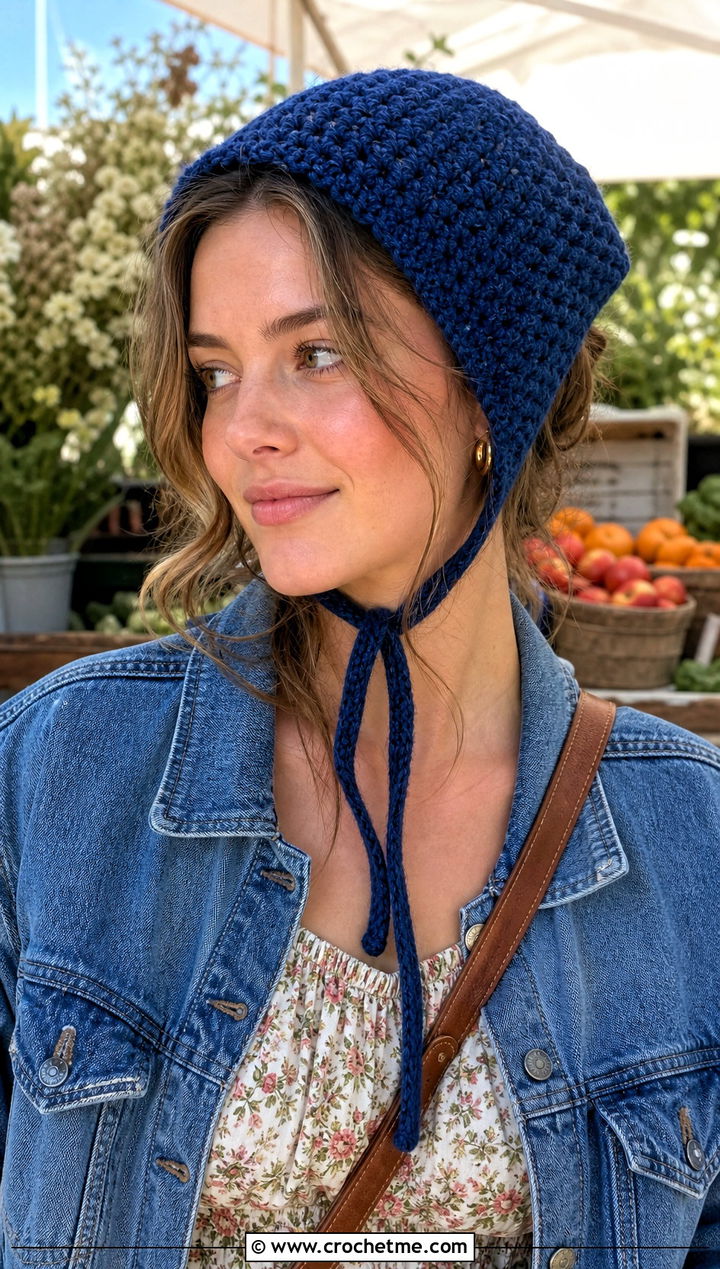 Moss Stitch Bonnet With Prairie Dress and Boots - 25 Crochet Moss Stitch Hat outfit ideas