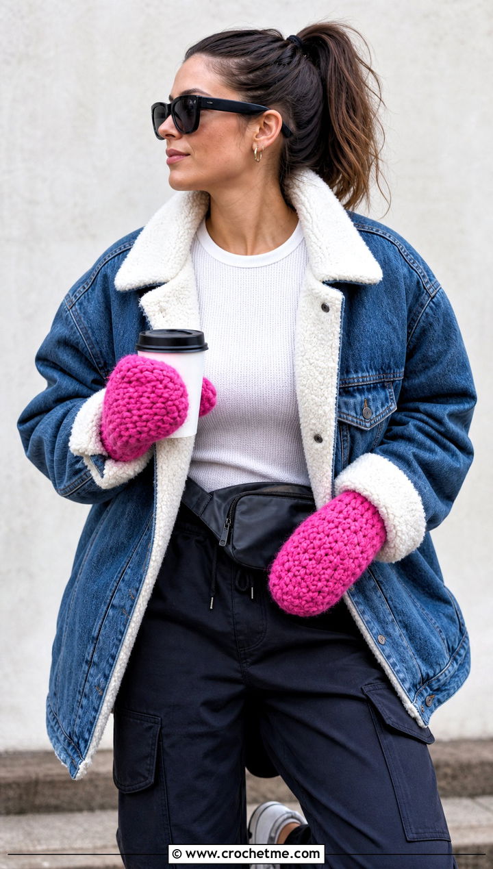 Moss Stitch Bulky Crochet Mittens With Denim Jacket - 20 Crochet Mittens Bulky Yarn outfit ideas