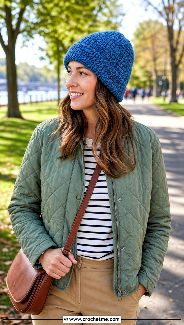 Moss Stitch Bulky Yarn Crochet Beanie With Quilted Jacket - 30 bulky yarn crochet beanie outfit ideas