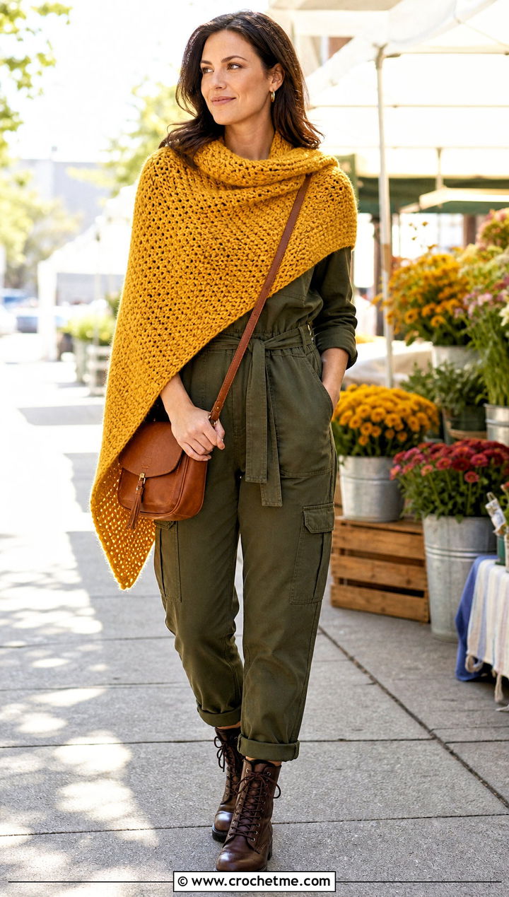 Moss Stitch Bulky Yarn Crochet Shawl With Utility Jumpsuit - 20 Bulky Yarn Crochet Shawl outfit ideas