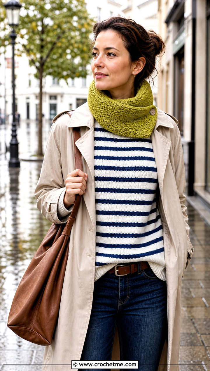 Moss Stitch Button Cowl With Trench Coat - 25 crochet button cowl outfit ideas
