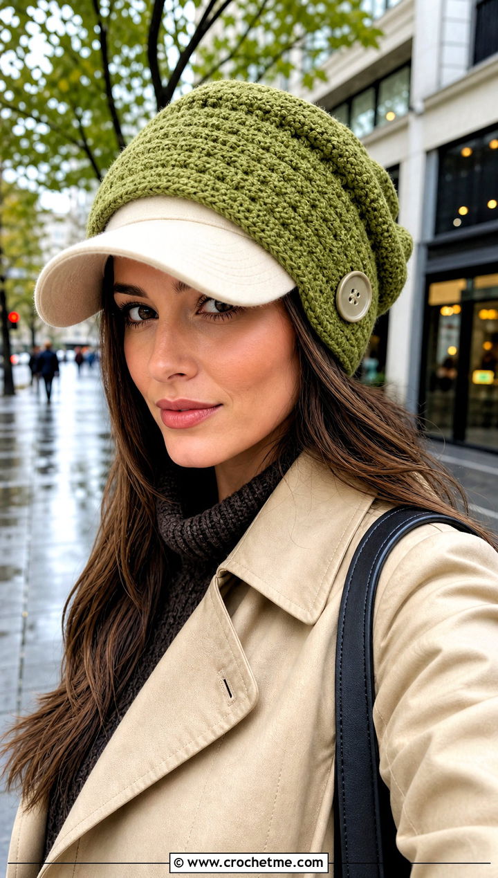 Moss Stitch Button Tab Baseball Cap Ear Warmer With Trench Coat - 20 crochet baseball cap ear warmer outfit ideas