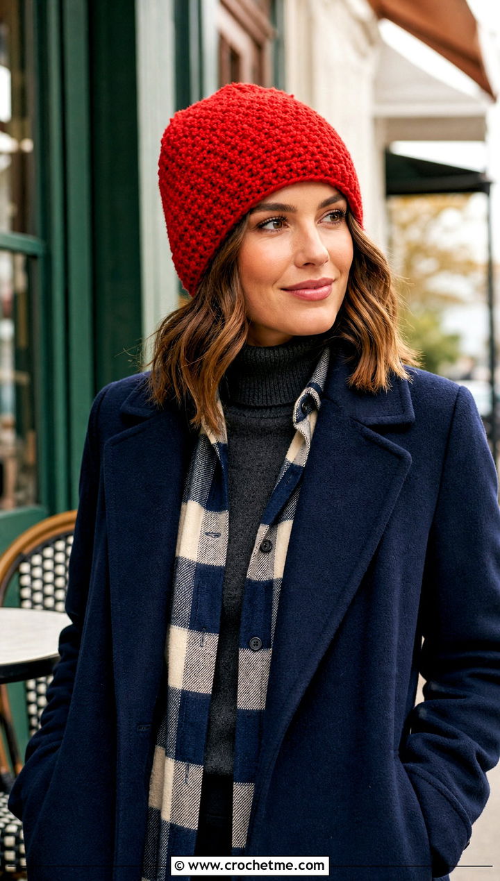 Moss Stitch Chunky Beanie With Plaid Shirt - 35 crochet chunky beanie outfit ideas