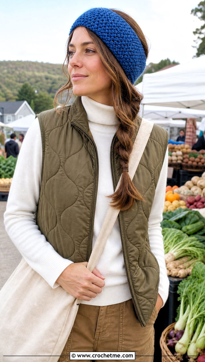 Moss Stitch Chunky Crochet Ear Warmer With Quilted Vest - 30 chunky crochet ear warmer outfit ideas