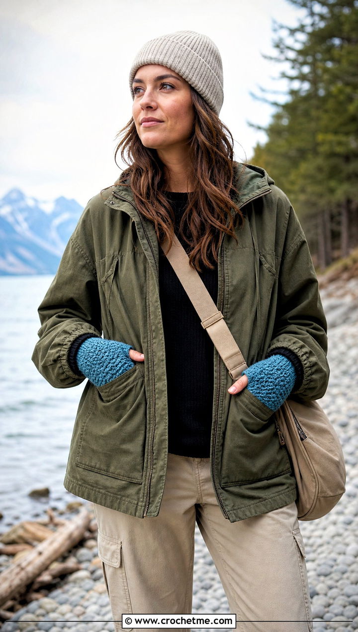 Moss Stitch Chunky Crochet Fingerless Gloves With Utility Jacket - 30 chunky yarn crochet fingerless gloves outfit ideas
