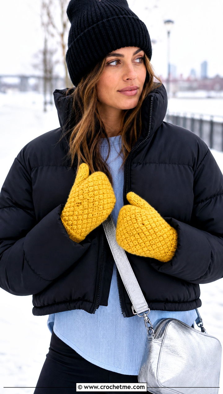 Moss Stitch Chunky Crochet Mittens With Puffer Jacket - 20 Chunky Yarn Crochet Mittens outfit ideas