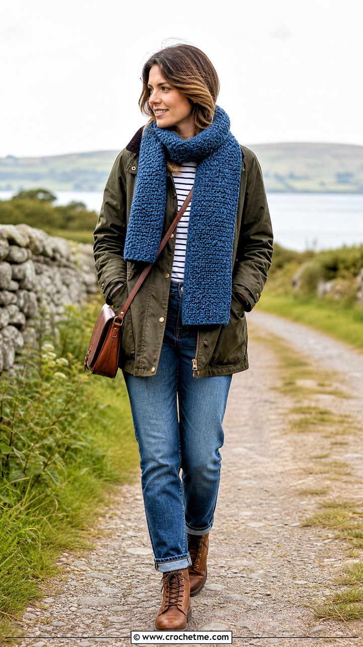 Moss Stitch Chunky Crochet Scarf With Barn Jacket - 35 chunky crochet scarf outfit ideas
