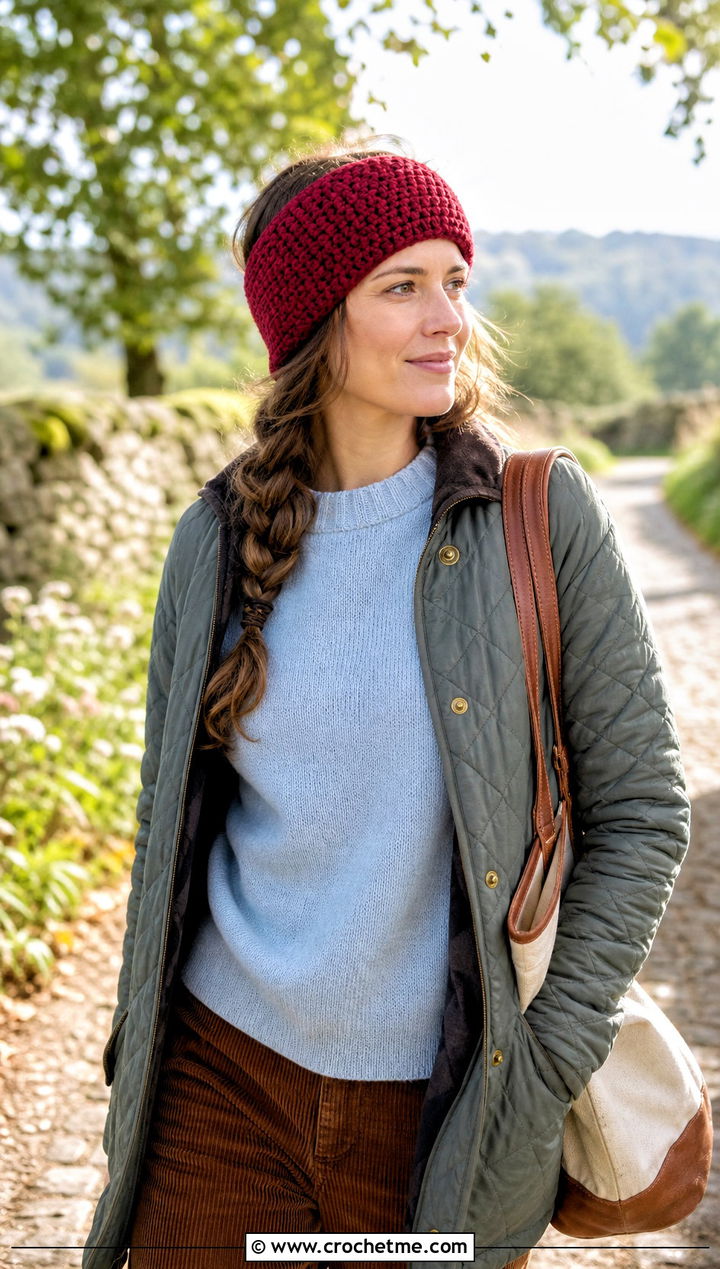 Moss Stitch Chunky Ear Warmer With Quilted Jacket - 25 Crochet Chunky Ear Warmer outfit ideas