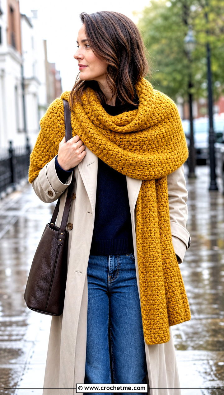 Moss Stitch Chunky Shawl With Trench Coat - 25 Crochet Chunky Shawl outfit ideas