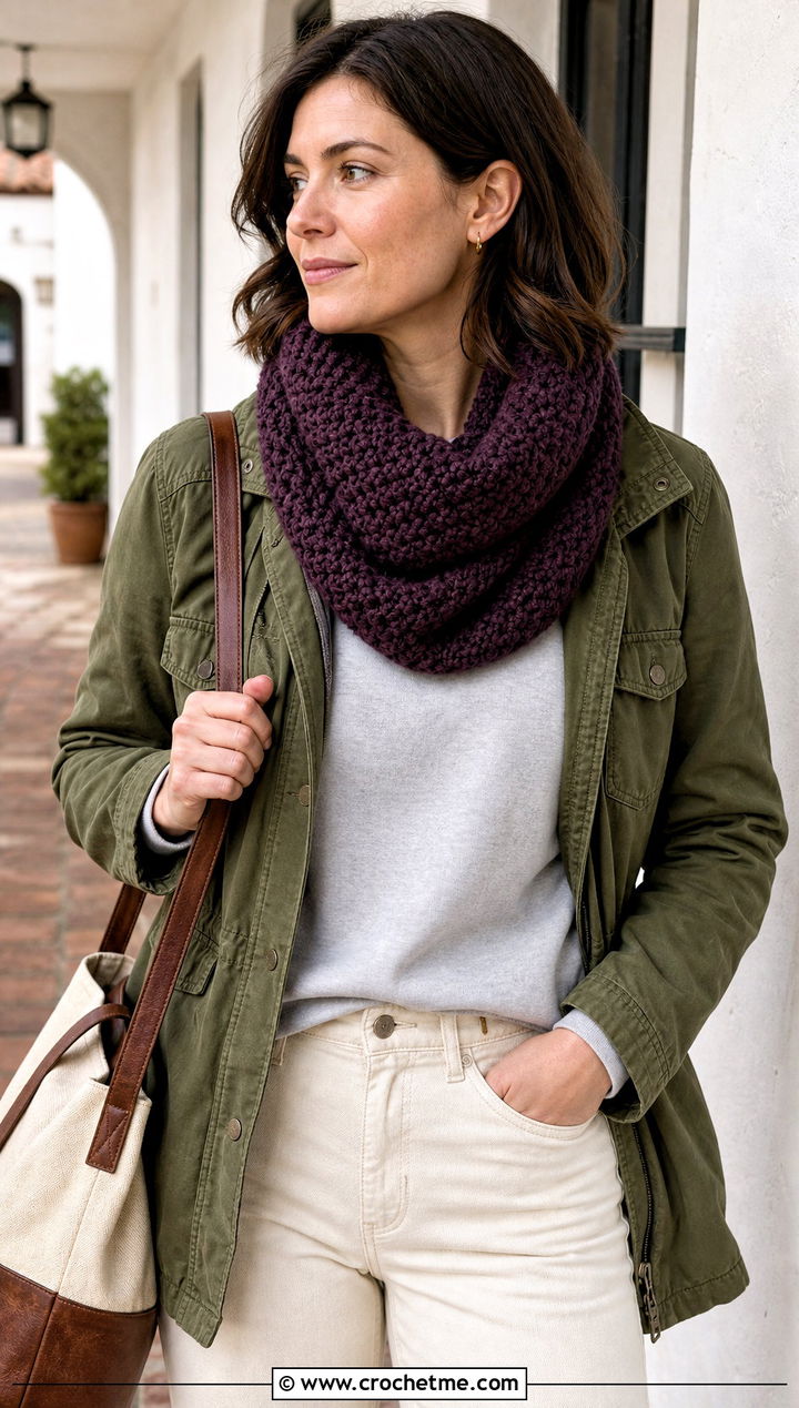 Moss Stitch Chunky Yarn Crochet Cowl With Utility Jacket - 25 Chunky Yarn Crochet Cowl outfit ideas