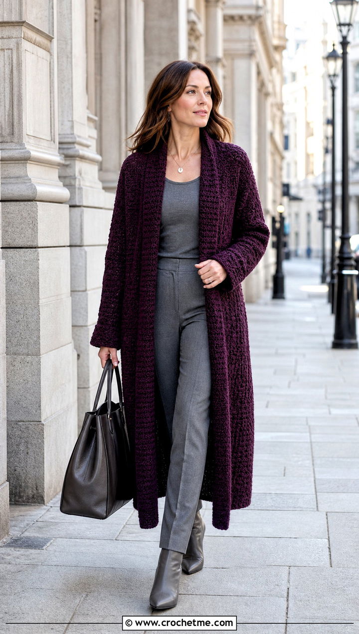 Moss Stitch Coatigan With Monochrome Outfit - 30 crochet moss stitch cardigan outfit ideas